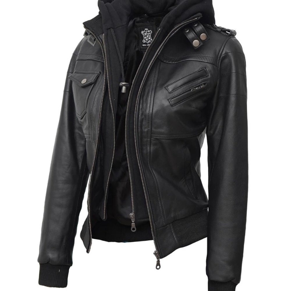 BNWT Stylish bomber style leather jacket with removable hood.